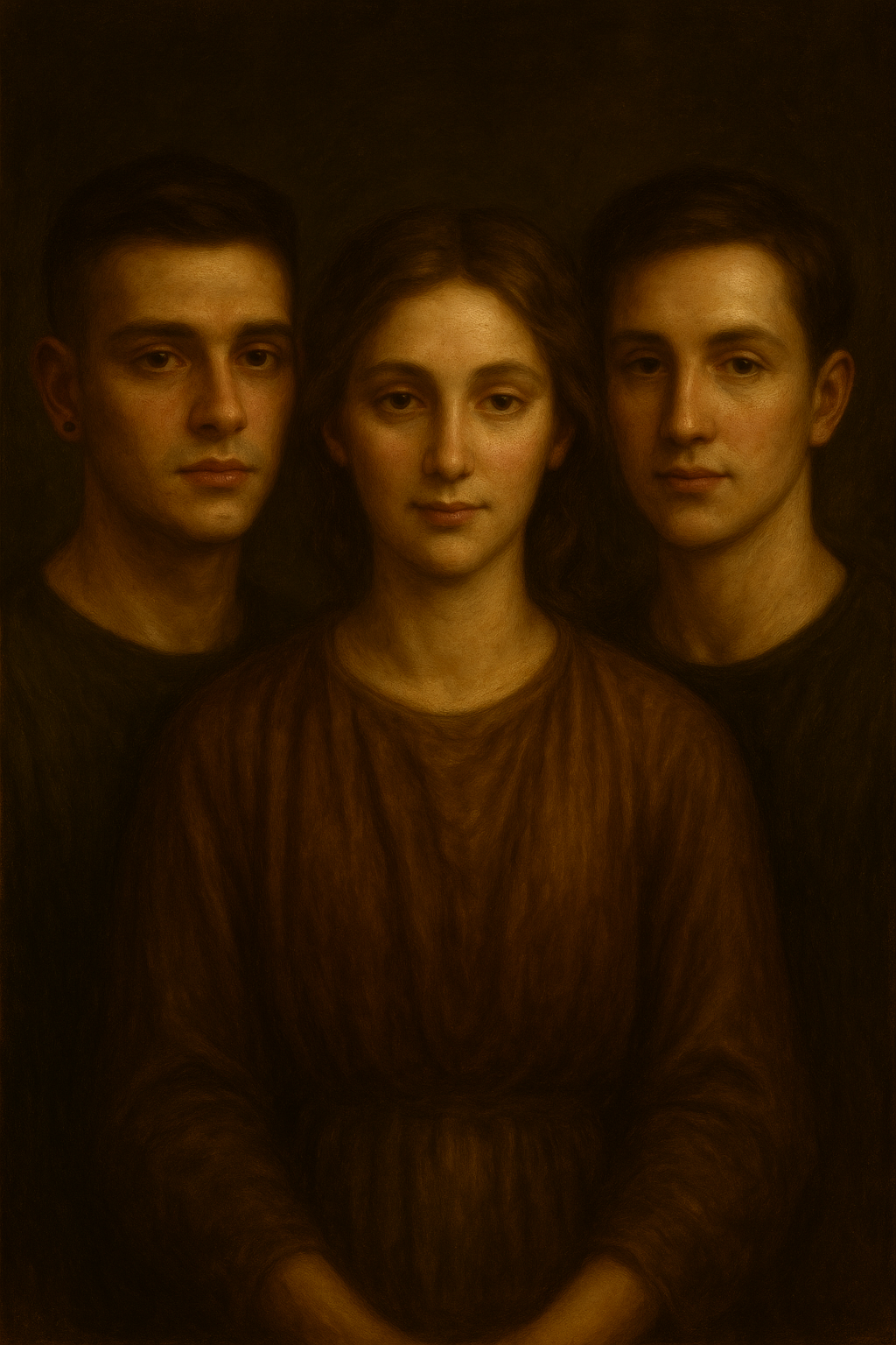 Obraz wspólnoty Świętego Krzysztofa. Trze osoby kobieta i dwóch mężczyzn, wszyscy uśmiechnięci, stoją na tle brązowego tła.